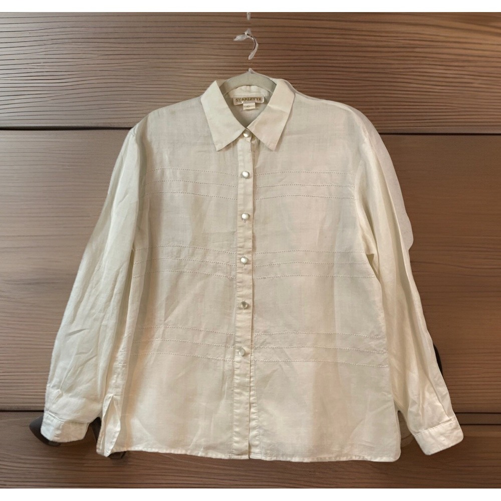 Starlette Womens Large 100% Linen Button Up Tunic Crochet Pearl Buttons